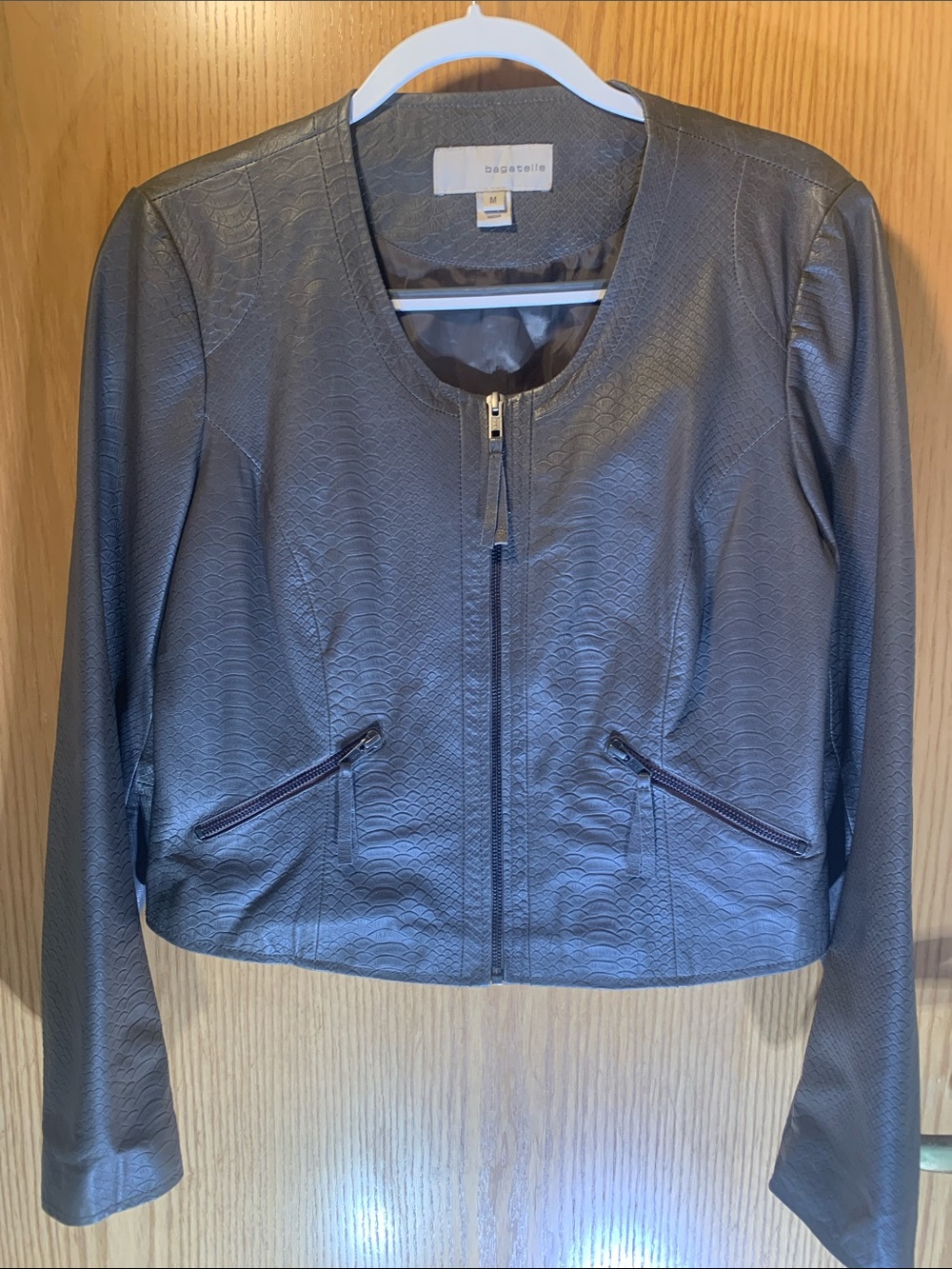 bagatelle Gray Textured Faux Leather Cropped Jacket